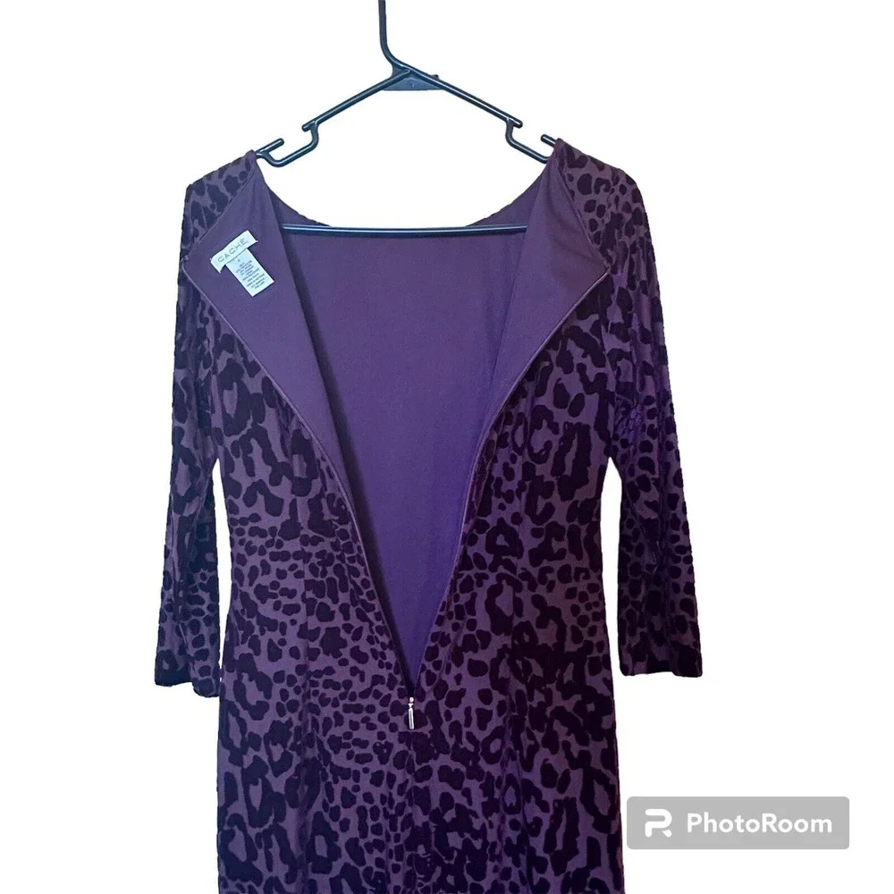 Cache Purple Leopard Y2K Velvet Bodycon Cocktail Dress 3/4 Mesh Sleeve Size 6 - Picture 6 of 16
